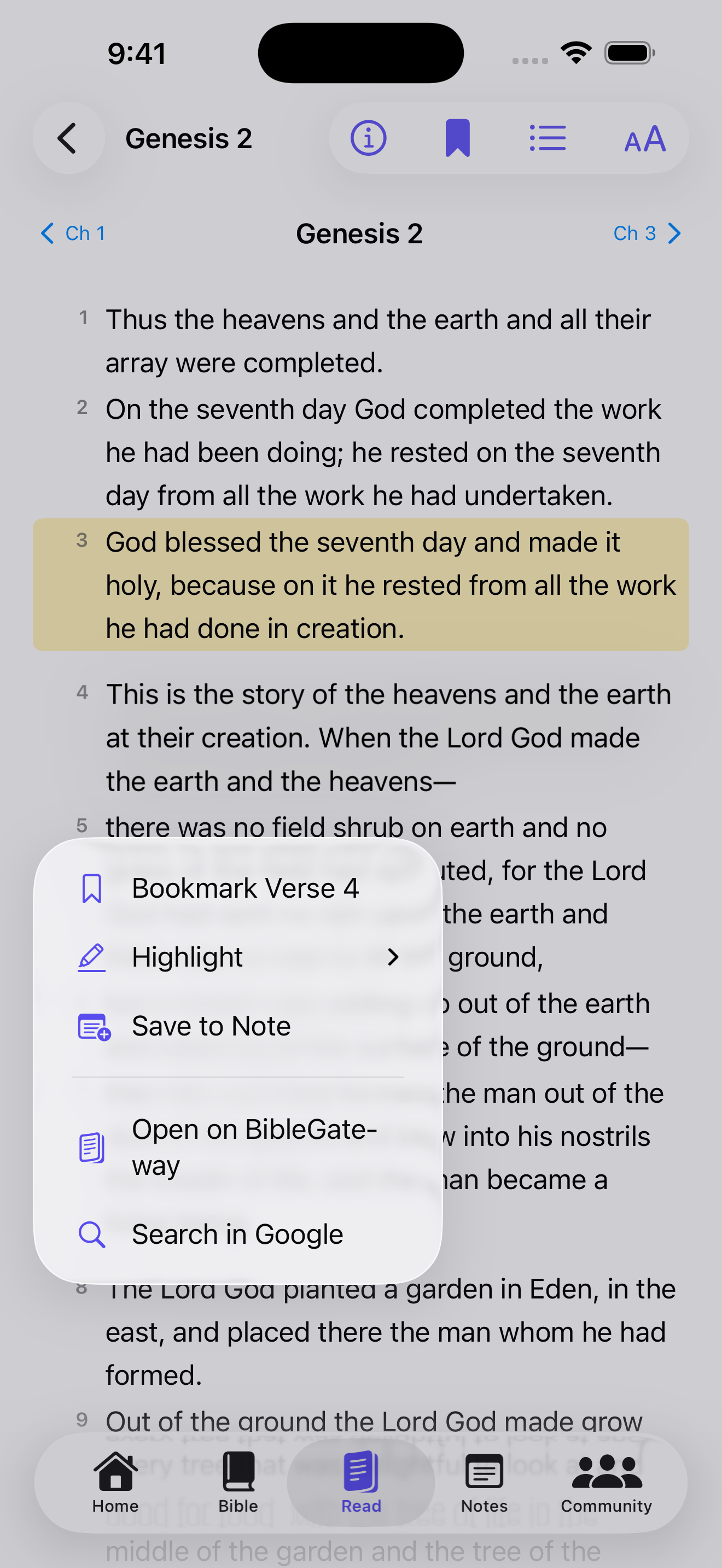 Athmana reading Genesis 2 on iPhone with verse context menu showing Bookmark, Highlight, Save to Note, Open on BibleGateway, Search in Google